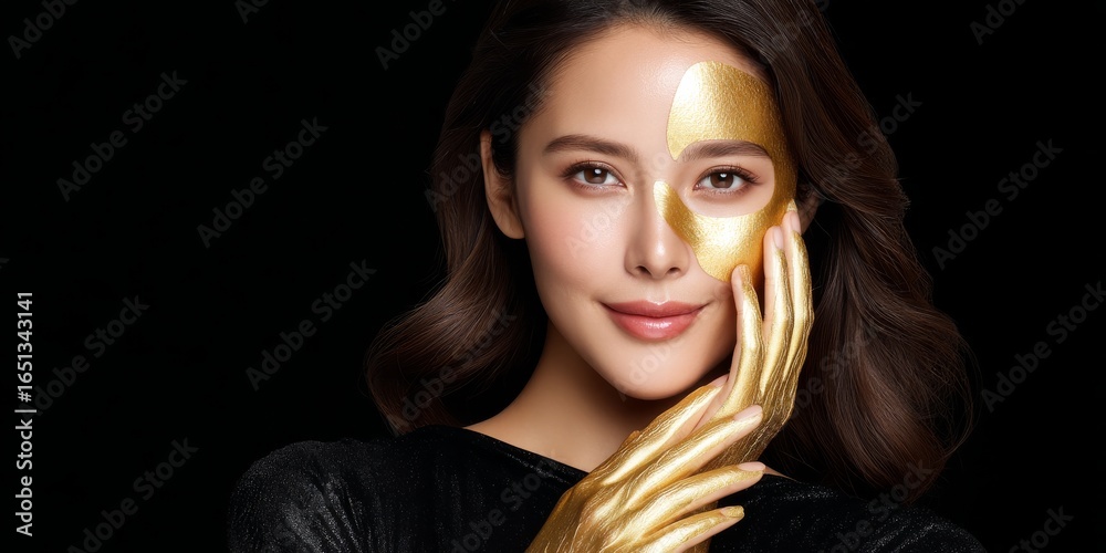 Naklejka premium Elegant Woman Applying Golden Skincare Product for Radiant Look Against Dark Background