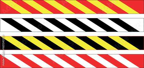 Caution warning tape set in yellow, red and black diagonal stripes, danger and hazard safety seamless line design vector