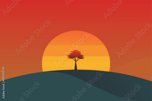 Minimalist Hillside Sunset Vector