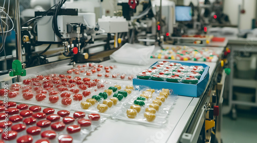 Automated production line with colorful gelatin candies in a factory setting