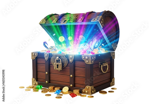 Magical Treasure Chest Overflowing with Coins and Gems in Vibrant Colors