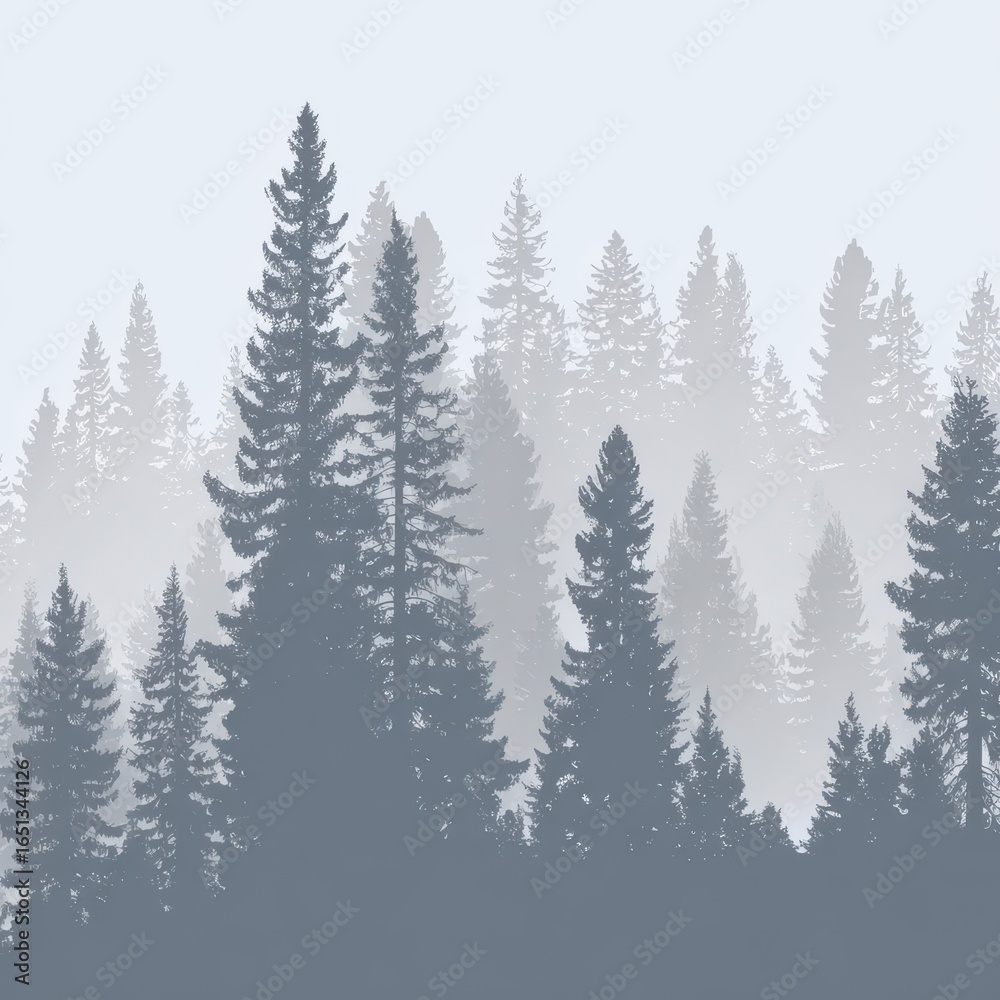 Obraz premium Silhouettes of evergreen trees in a misty forest.
