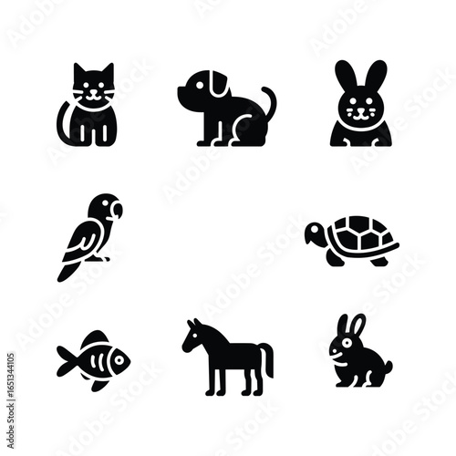 Collection of silhouette icons representing various domestic animals