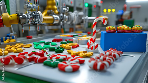 Automated production line with colorful gelatin candies in a factory setting