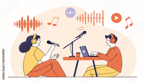 Podcast Recording Session with Two Hosts Discussing Music and Media Production with Audio Waves and Play Buttons in an Informal Setting