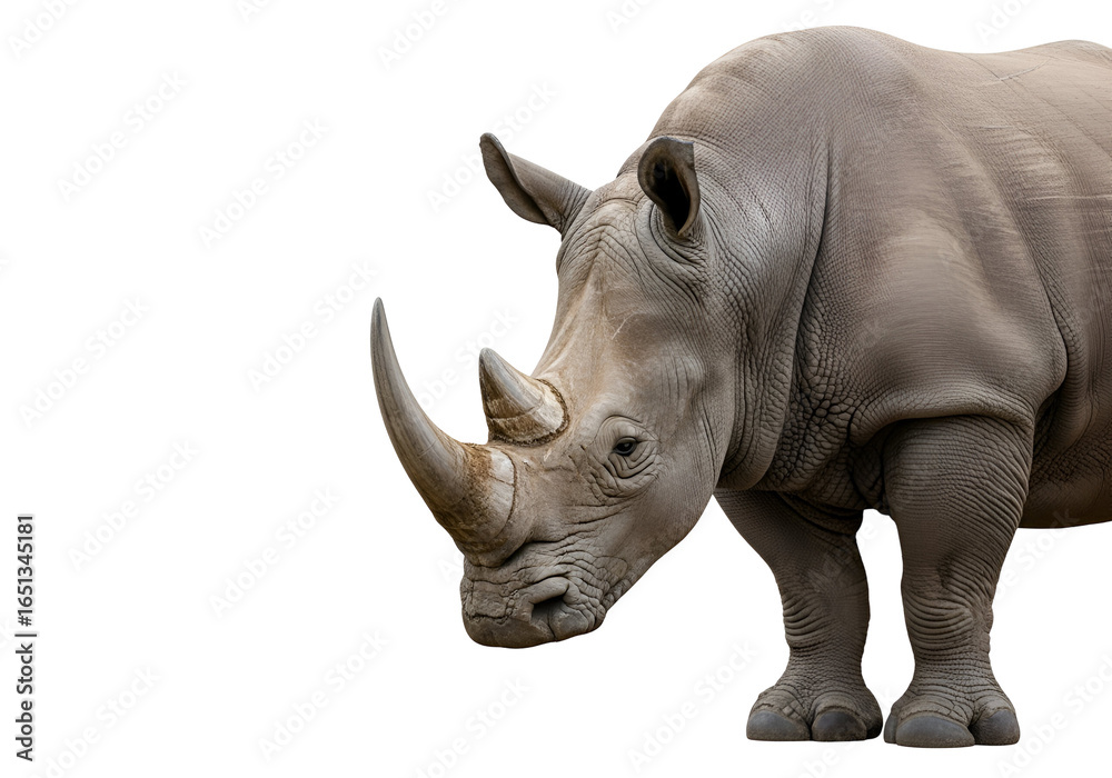 Obraz premium Majestic rhinoceros standing gracefully against a black background highlighting its impressive