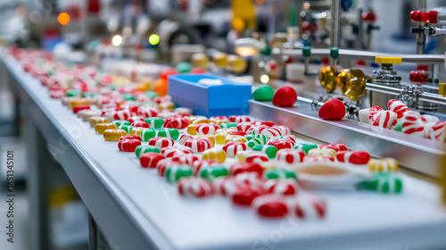 Automated production line with colorful gelatin candies in a factory setting
