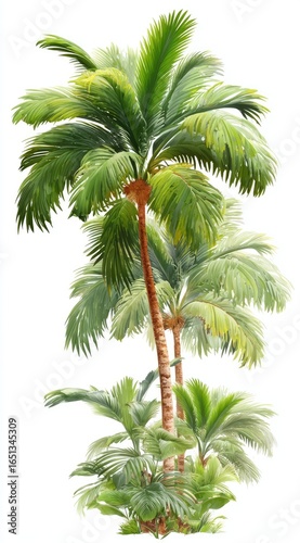 Three palm trees, vibrant green foliage against white background