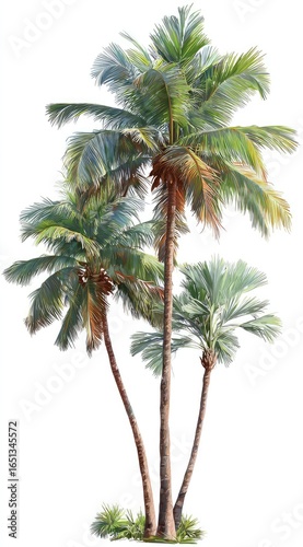 Three palm trees, lush green foliage, vibrant colors, tropical, isolated