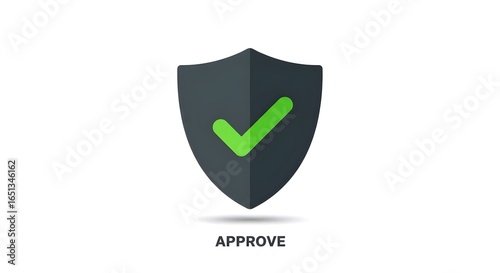 Dark grey shield with a green checkmark, symbolizing approval or verification, set against a white background with the word 