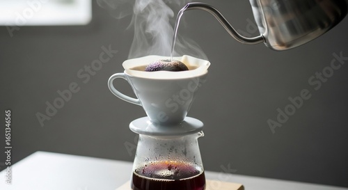 The Art of the Pour: Steaming Water from a Gooseneck Kettle Brewing Coffee.