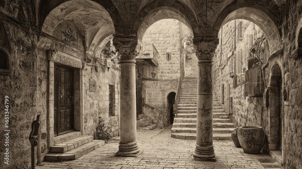 Fototapeta premium Historic Passage in Jerusalem's Jewish Quarter: Vintage-Inspired Photo of an Ancient Cobblestone Alleyway with Timeless Architecture