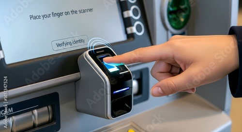 A hand is using a fingerprint scanner on an ATM, with a screen displaying instructions and a card reader visible in the background, securely. AI Generated.
