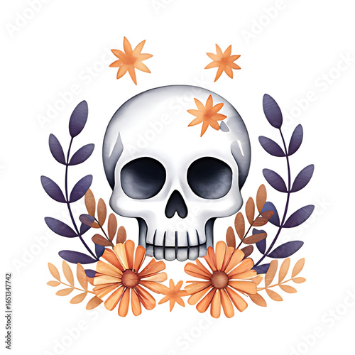 Skull among leaves and flowers, for the autumn holiday Halloween. Watercolor illustration in png.