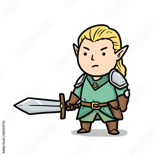 A cartoon elf character holding a sword and wearing green armor