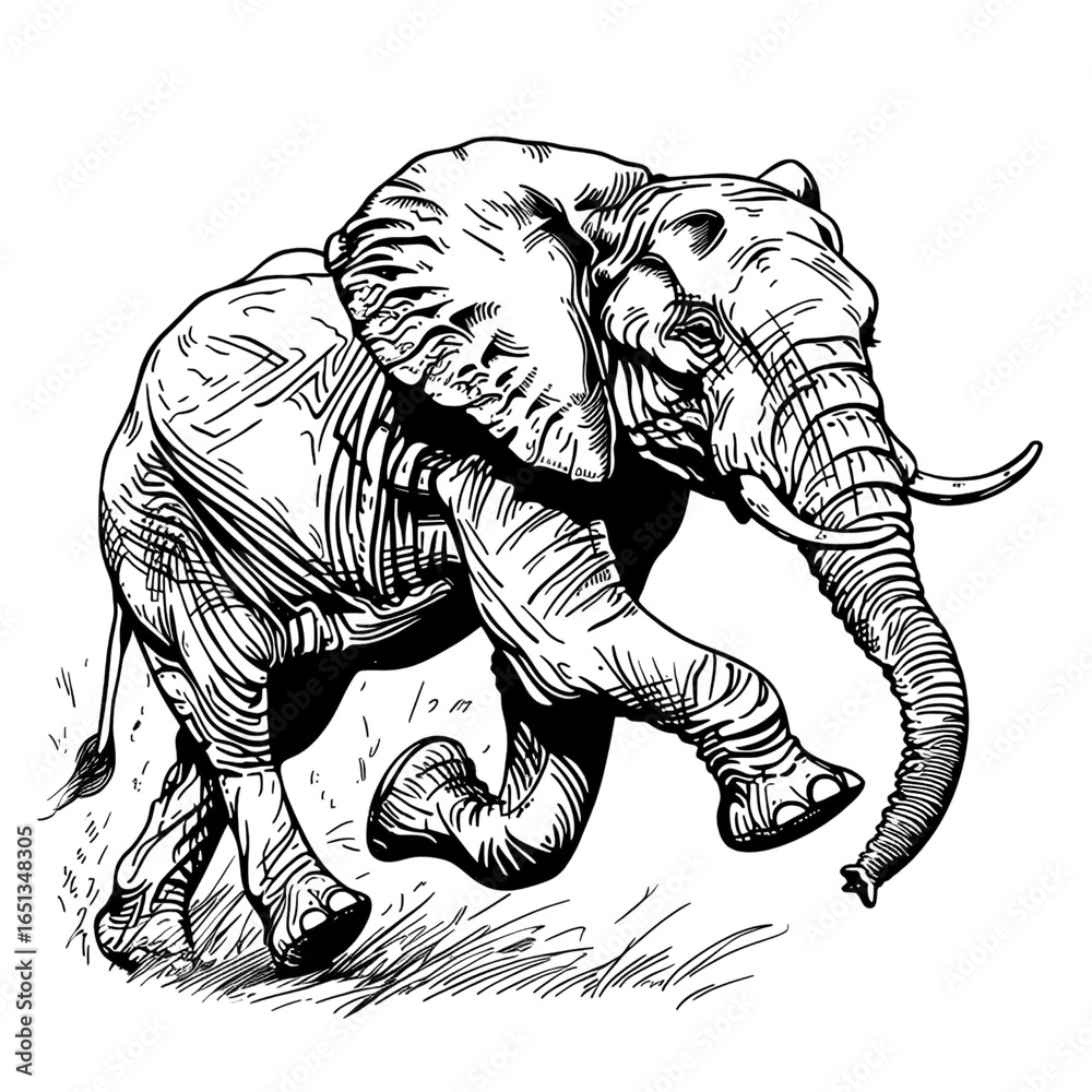 PNG of A dynamic illustration of an elephant in motion, showcasing its grace and strength. PNG of A dynamic illustration of an elephant in motion, showcasing its grace and strength.