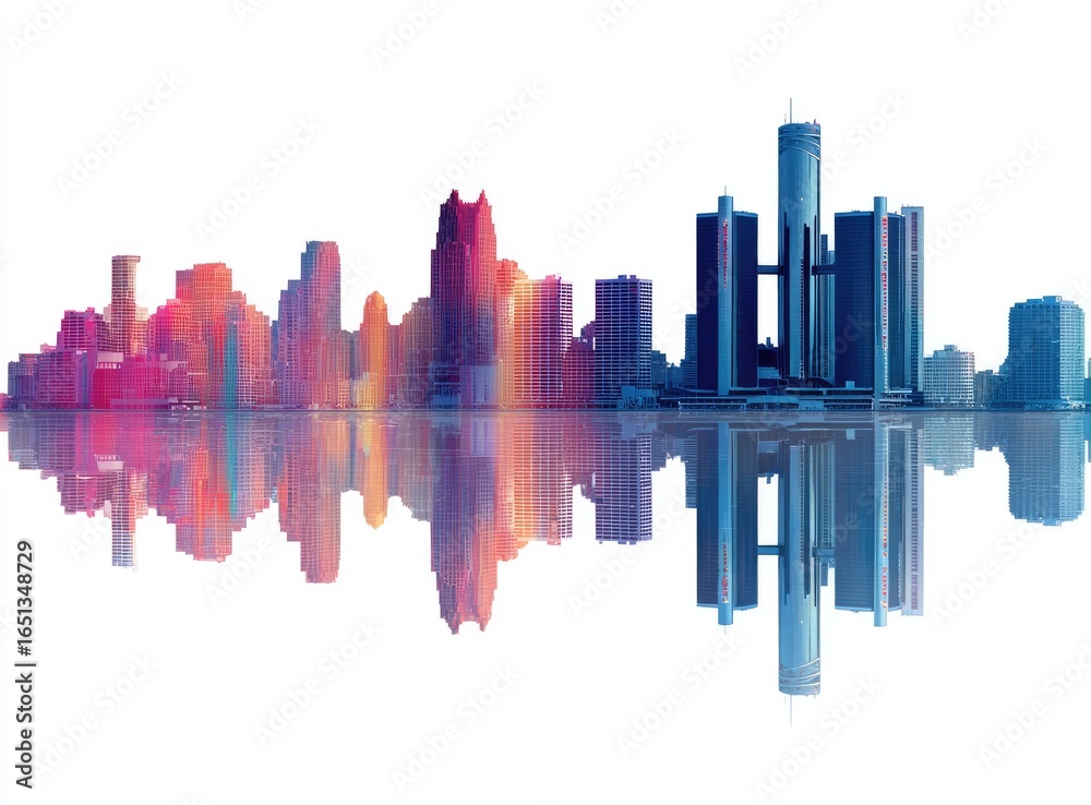 Fototapeta premium Colorful city skyline reflected on water