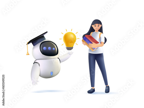 AI technology in education. Student or teacher character using artificial intelligence generative tools for learning, teaching, school lesson planning, exam preparation. 3D render vector illustration