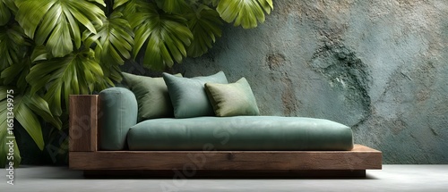 Modern outdoor lounge chair surrounded by tropical foliage