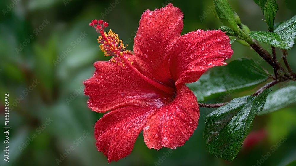 Obraz premium Single Red Hibiscus Blossom Against Black Backdrop â€“ A Tropical Floral Capture