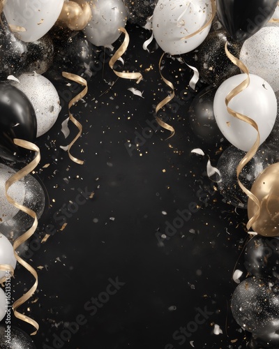 Black, white, and gold balloons with ribbons and confetti on a dark background