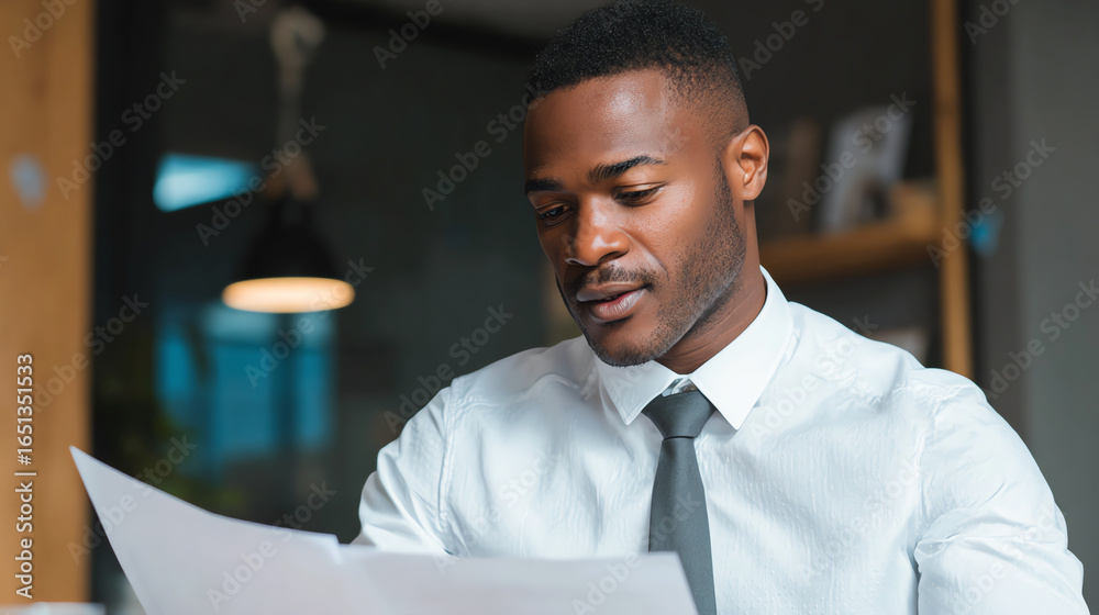 Obraz premium A focused businessman reviews documents, showcasing determination and professionalism in a modern office environment.