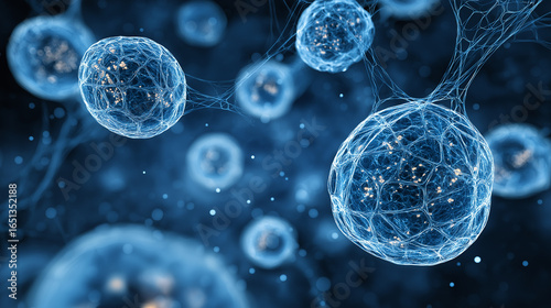 Blue glowing microorganisms with intricate structures and fine details, floating in a dark background, representing the microscopic world of cellular biology and life forms