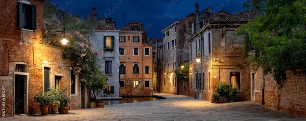 Obraz premium Peaceful Canal-Side Street in Venice Illuminated by Warm Lights at Dusk Featuring Historic Architecture