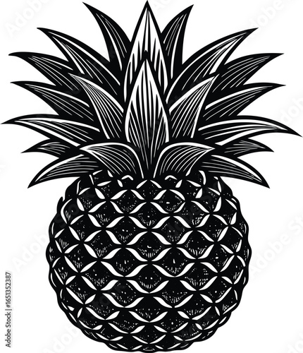 A detailed black and white illustration of a ripe pineapple, showcasing its textured rind and spiky crown of leaves. Isolated on a white background.