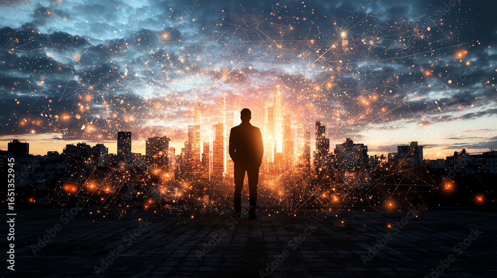 Fototapeta premium A silhouette of a person facing a vibrant city skyline as sparks of light dance in the foreground, symbolizing hope and inspiration.