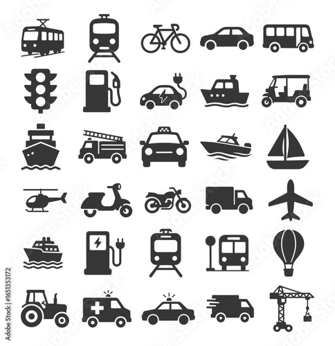 Transportation and Vehicle Icon Set – Cars, Bikes, Boats, Aircraft, Emergency & Utility Symbols