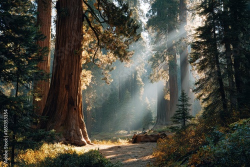 Dawn Over the Sequoias: Golden Light Illuminates Majestic Trees in Mariposa Grove, Yosemite National Park, California