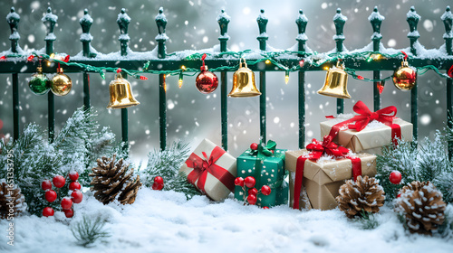Snowy Winter Scene with Decorated Fence, Sleigh, and Gifts