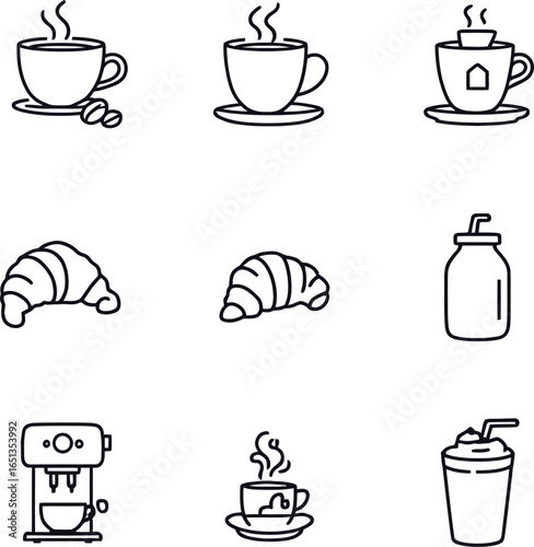 Coffee and Breakfast Icon Set Featuring Cups, Croissants, Bottle, and Machine in Minimal Line Style for Cafe and Morning Themes