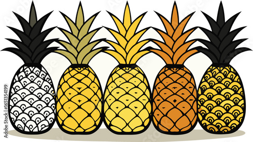 colorful pineapples lined up against a white background