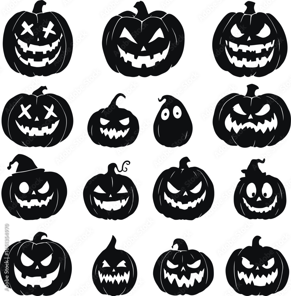 Obraz premium Halloween Jack-o'-Lantern Silhouette Icon Set with Scary, Funny, and Creative Pumpkin Faces for Seasonal Decor and Design