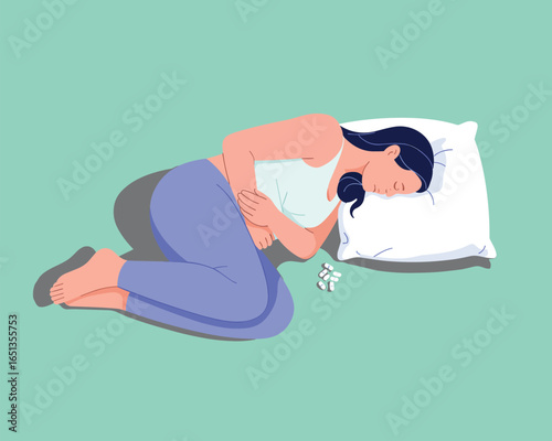 Woman Experiencing Abdominal Pain, Lying Down in Discomfort