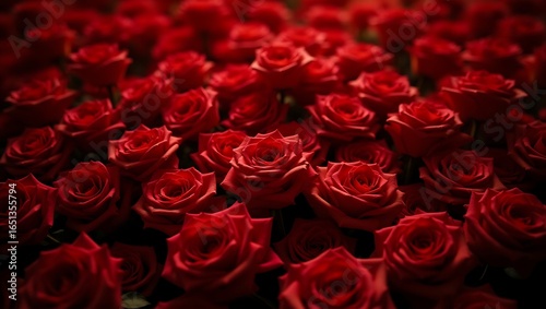 A large bed of red roses with a few scattered peach flowers. A close-up floral background for romance, love, and luxury concepts. Generative Ai.