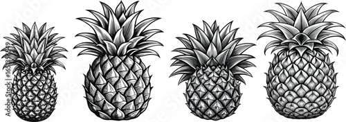 A detailed black and white illustration of a ripe pineapple, showcasing its textured rind and spiky crown of leaves. Isolated on a white background.