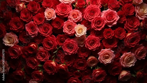 A large bed of red roses with a few scattered peach flowers. A close-up floral background for romance, love, and luxury concepts. Generative Ai.