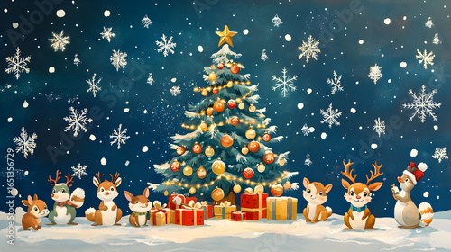 A festive scene featuring a glowing Christmas tree surrounded by gifts and a Santa figure under a starry night sky.