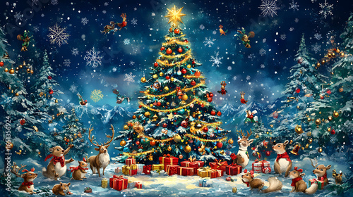 A festive scene featuring a glowing Christmas tree surrounded by gifts and a Santa figure under a starry night sky.