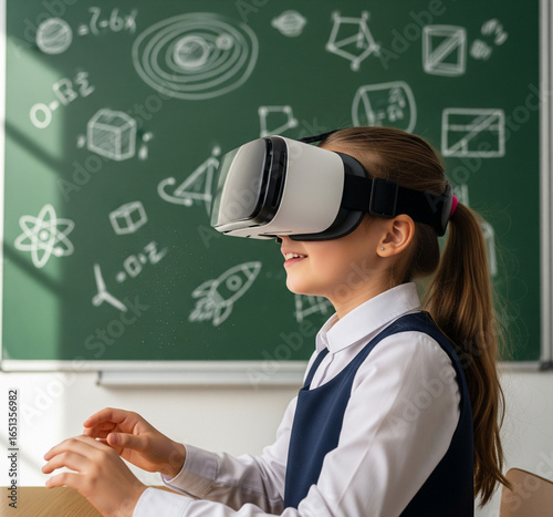 Schoolgirl using virtual reality headset against blackboard