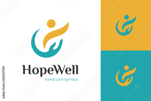 People Care Logo Design with Hand Human Figure Symbol for Hope, Charity, Healthcare and Social Care Organization, Vector Graphic Symbol