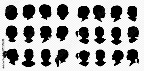 A diverse collection of black silhouettes depicting the heads of young boys and girls from various angles.