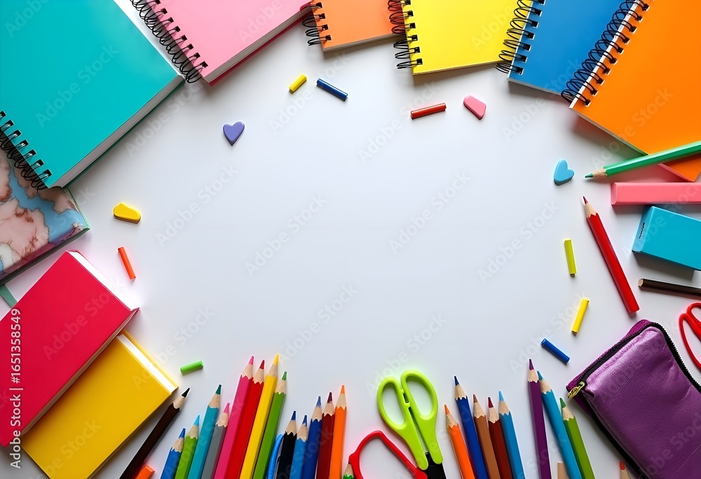 Fototapeta premium top view of school desk with new notebooks, colored pencils, pencil case, and other school supplies, concept of back to school and learning preparation