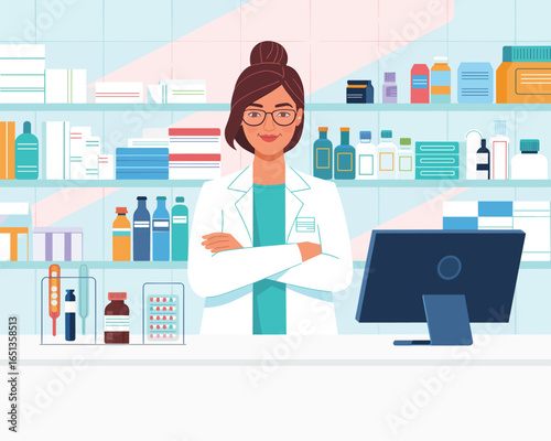 Professional Female Pharmacist in Modern Drugstore Counter with Medicines and Technology