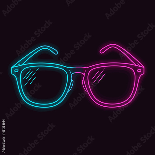 Neon sunglasses in blue and pink glow on dark background  
