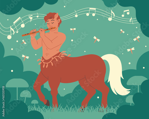 Flat Vector Illustration of a Mythical Centaur Playing Flute in Enchanted Forest Scene.
