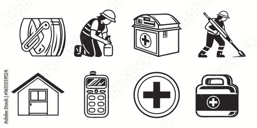 Disaster relief icons isolated on white background